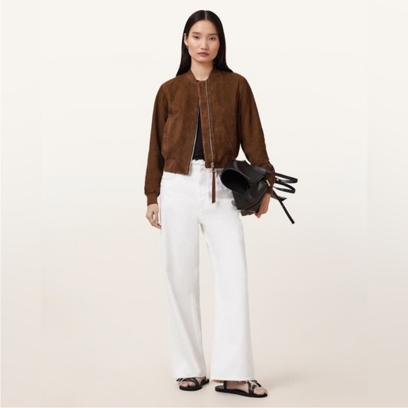 All Saints Orten Suede Bomber Jacket in Cognac Brown - Picture 3 of 8